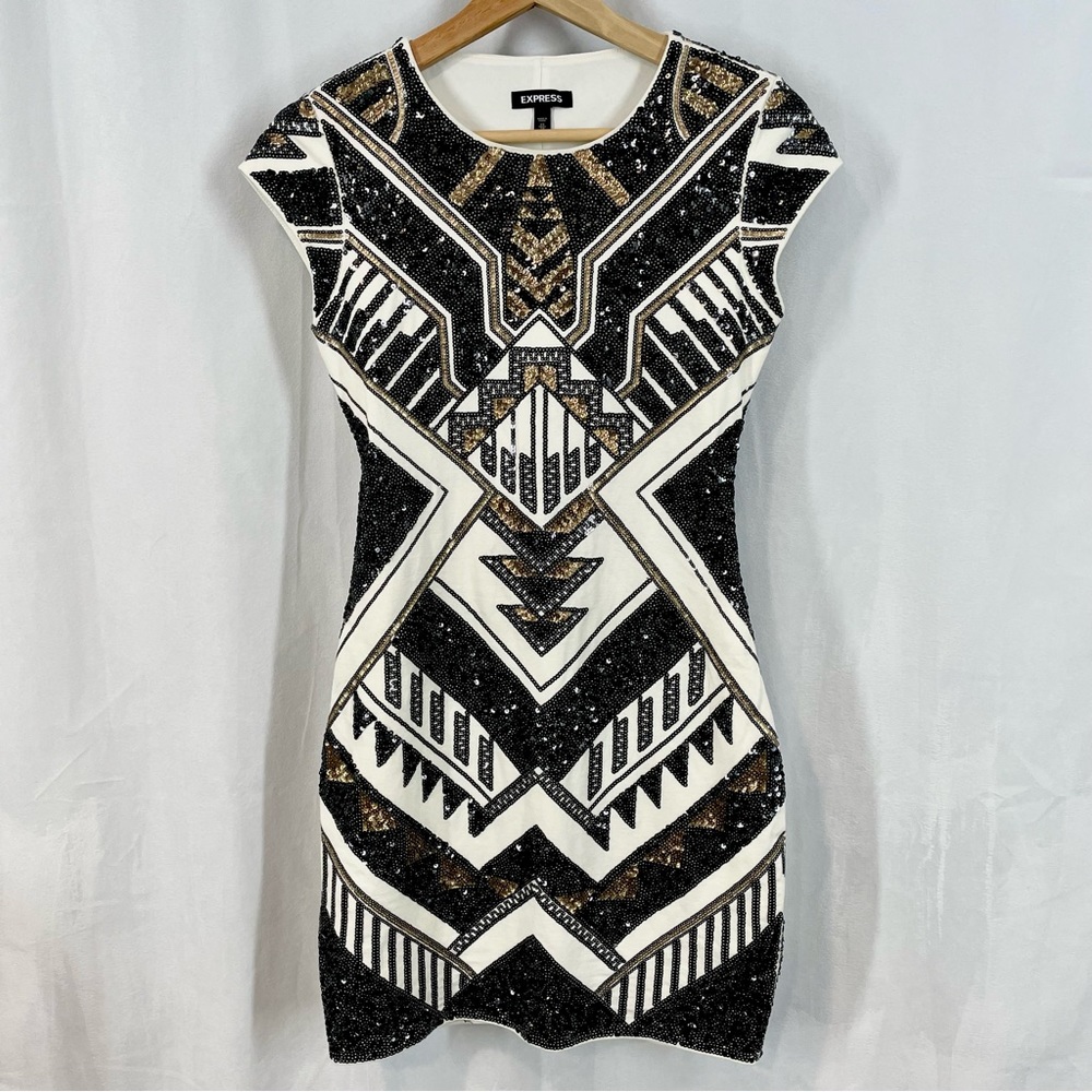 Express ArtDeco Sequin Geometric Short Sleeve Mini Dress Bodycon Black White XS
